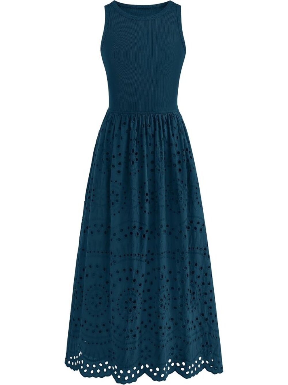 Women's Dark Cyan Sleeveless Crew Neck Lace Imported A-line Cotton Maxi Dress
